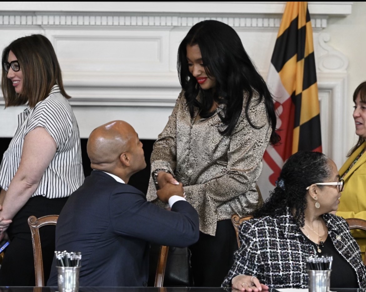 Yvonne Harper greeting Governor Wes Moore at the Maryland State House